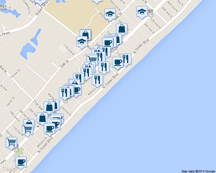 map of restaurants, bars, coffee shops, grocery stores, and more near 2610 Ocean Boulevard in Myrtle Beach