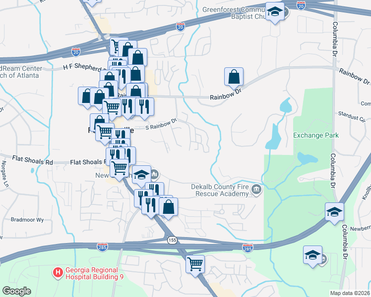 map of restaurants, bars, coffee shops, grocery stores, and more near 1564 Eastern Sunrise Lane in Decatur