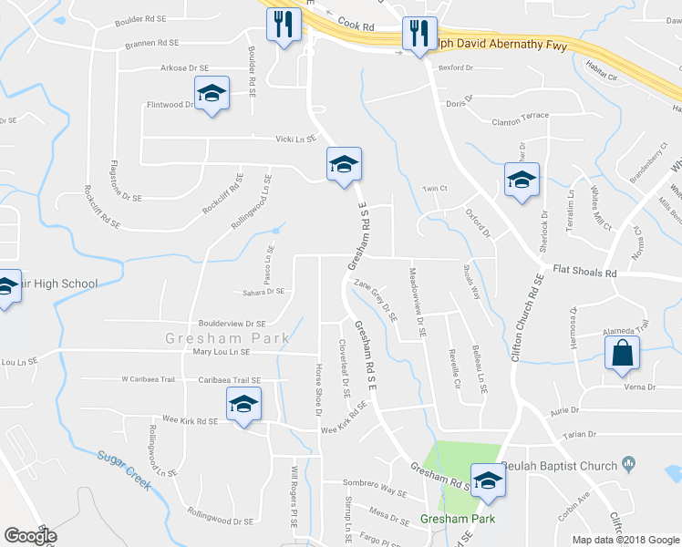 map of restaurants, bars, coffee shops, grocery stores, and more near 2805 Gresham Road South East in Atlanta