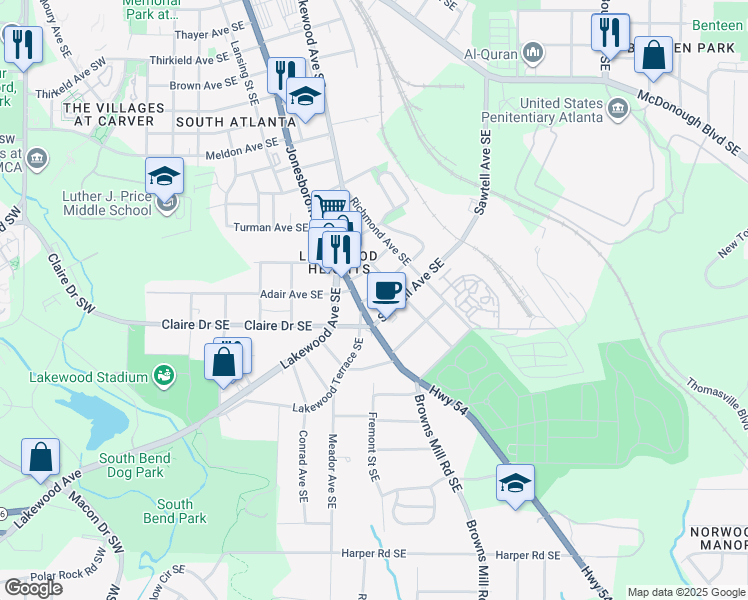 map of restaurants, bars, coffee shops, grocery stores, and more near 15 Gould Street Southeast in Atlanta