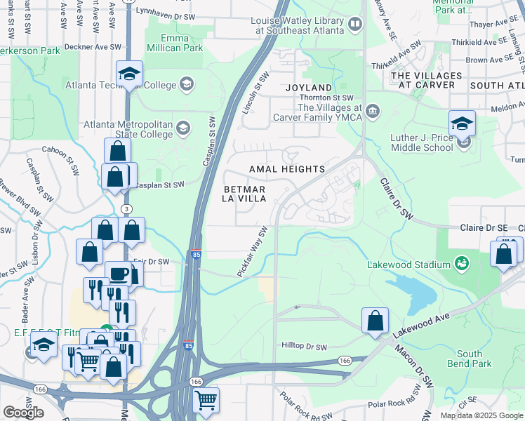 map of restaurants, bars, coffee shops, grocery stores, and more near 1785 Meadow Lane Southwest in Atlanta
