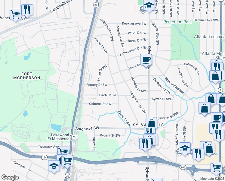 map of restaurants, bars, coffee shops, grocery stores, and more near 1791 Evans Drive Southwest in Atlanta