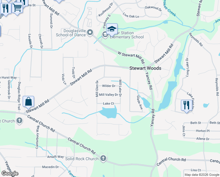 map of restaurants, bars, coffee shops, grocery stores, and more near 5432 Wilder Drive in Douglasville