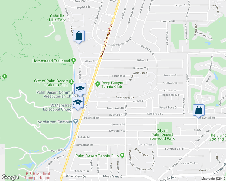 map of restaurants, bars, coffee shops, grocery stores, and more near 72948 Ken Rosewall Lane in Palm Desert