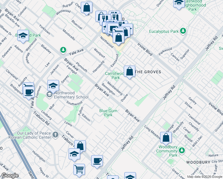 map of restaurants, bars, coffee shops, grocery stores, and more near 13 Cornwallis in Irvine