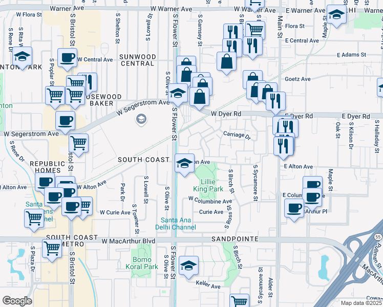 map of restaurants, bars, coffee shops, grocery stores, and more near 561 West Alton Avenue in Santa Ana