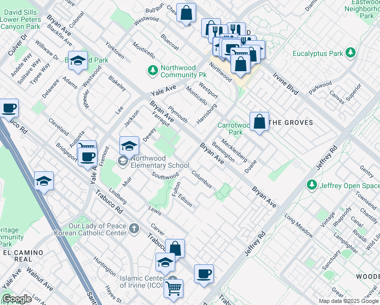map of restaurants, bars, coffee shops, grocery stores, and more near 20 Longstreet in Irvine