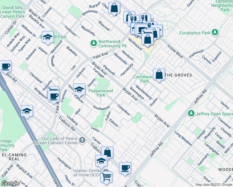 map of restaurants, bars, coffee shops, grocery stores, and more near 12 Longstreet in Irvine