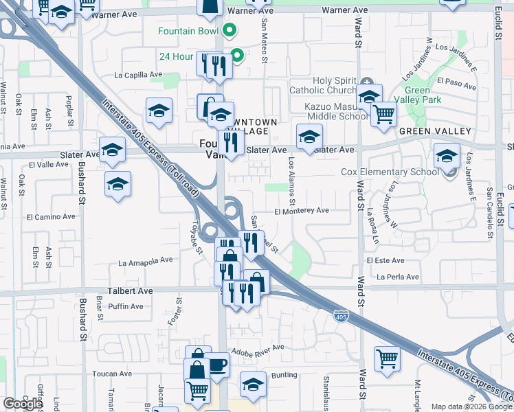 map of restaurants, bars, coffee shops, grocery stores, and more near 17661 San Rafael Street in Fountain Valley