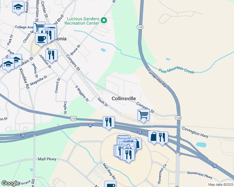 map of restaurants, bars, coffee shops, grocery stores, and more near 7540 Conyers Street in Lithonia