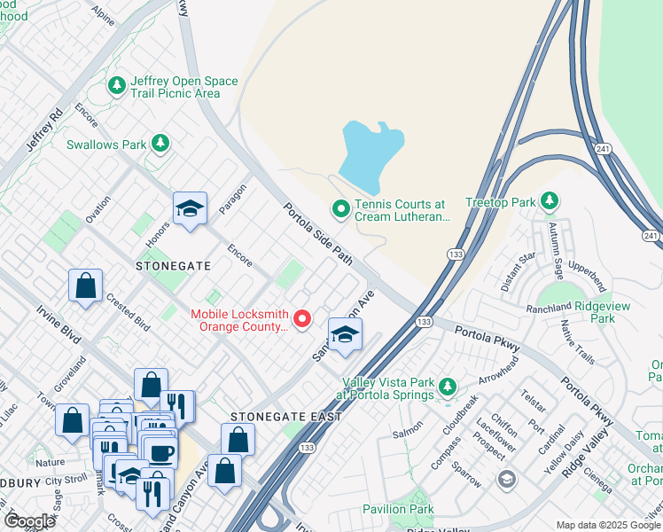 map of restaurants, bars, coffee shops, grocery stores, and more near 219 Bancroft in Irvine