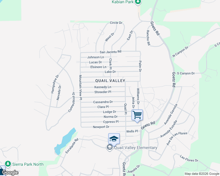 map of restaurants, bars, coffee shops, grocery stores, and more near Kennedy Lane in Menifee