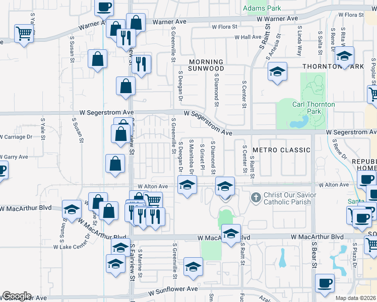 map of restaurants, bars, coffee shops, grocery stores, and more near 3018 South Manitoba Drive in Santa Ana