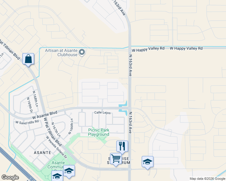 map of restaurants, bars, coffee shops, grocery stores, and more near 16396 West Questa Drive in Surprise