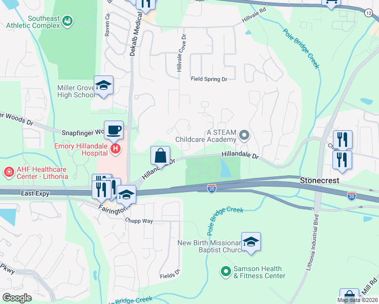 map of restaurants, bars, coffee shops, grocery stores, and more near 2709 Penwood Place in Lithonia