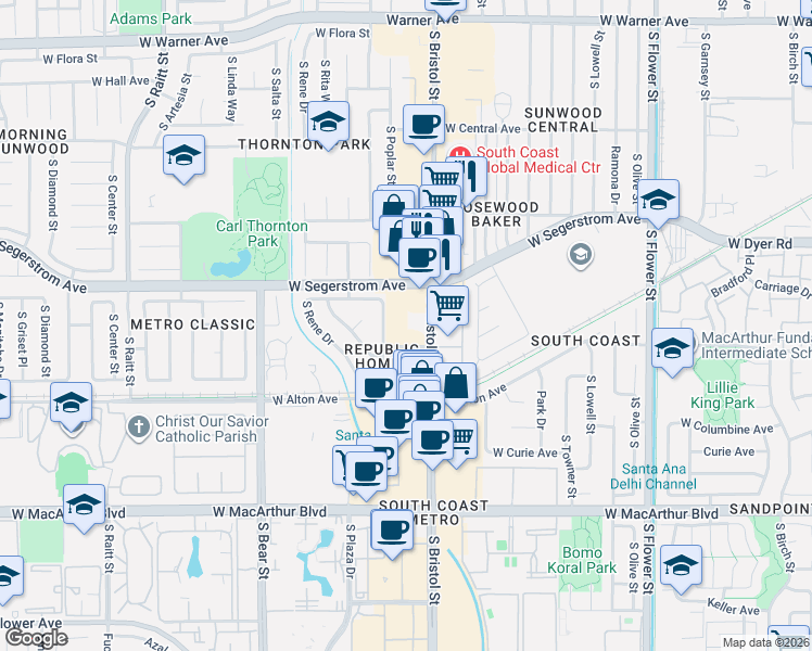 map of restaurants, bars, coffee shops, grocery stores, and more near 3050 South Bristol Street in Santa Ana