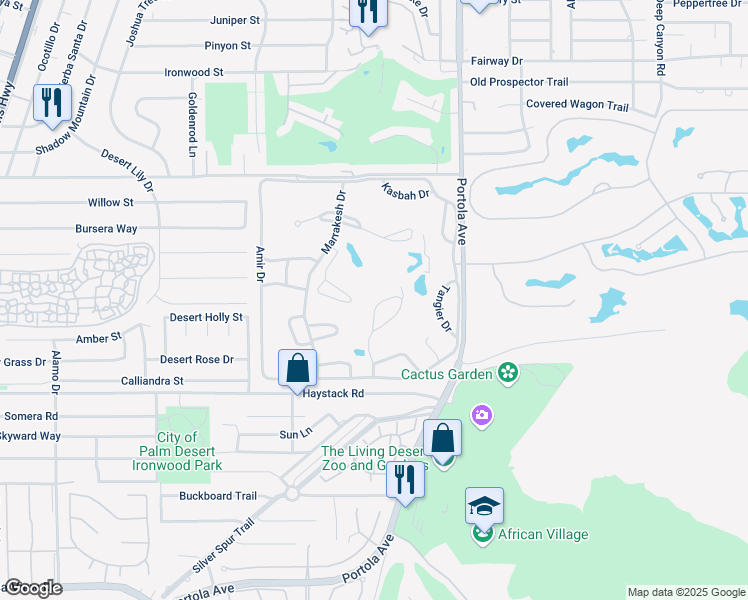 map of restaurants, bars, coffee shops, grocery stores, and more near 47425 Medina Drive West in Palm Desert