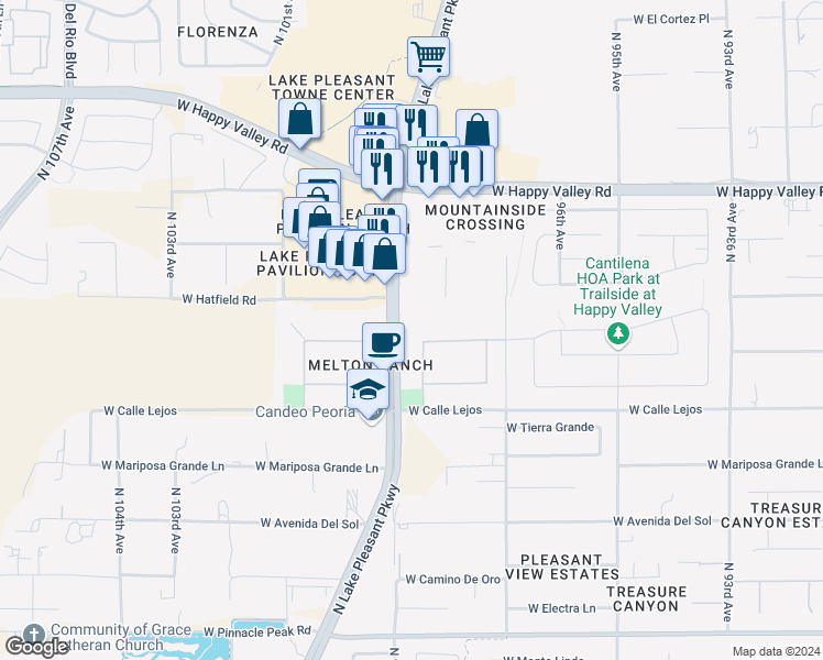map of restaurants, bars, coffee shops, grocery stores, and more near 9878 West Jj Ranch Road in Peoria