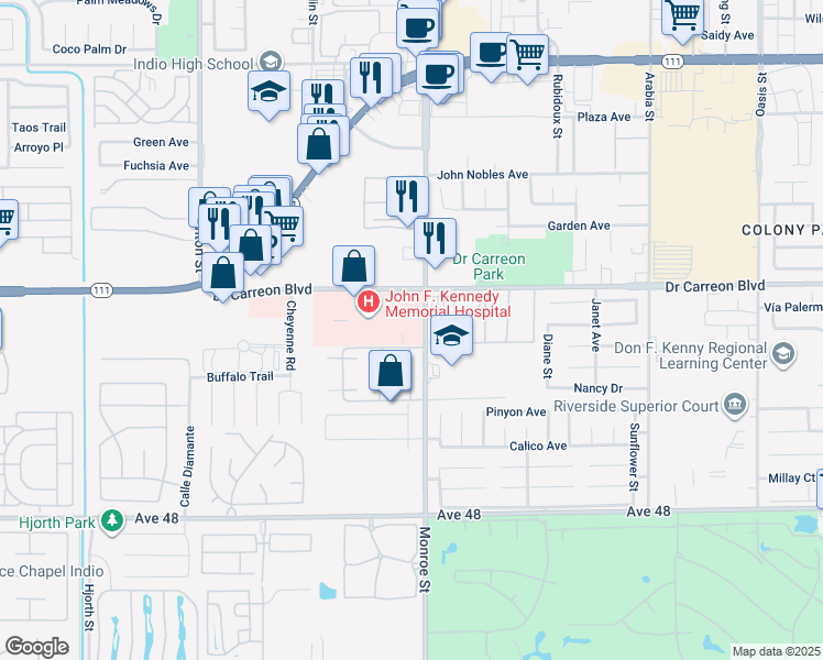 map of restaurants, bars, coffee shops, grocery stores, and more near in Indio