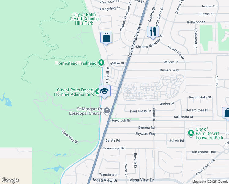 map of restaurants, bars, coffee shops, grocery stores, and more near 72667 Raven Road in Palm Desert