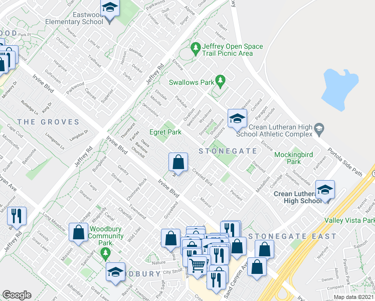 map of restaurants, bars, coffee shops, grocery stores, and more near 243 Mayfair in Irvine