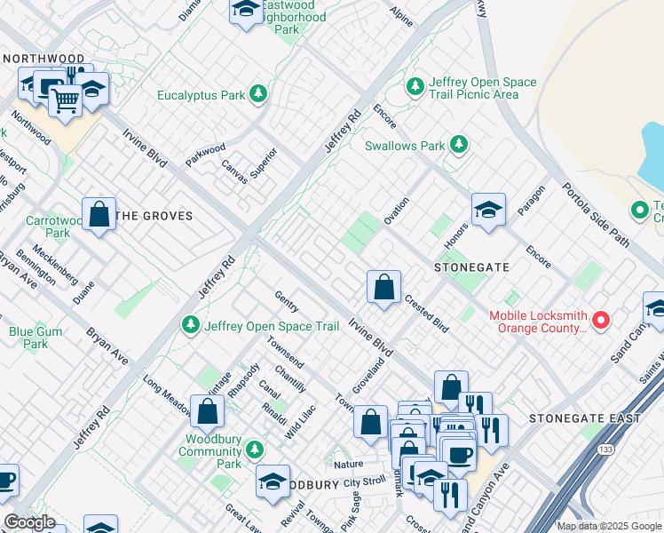 map of restaurants, bars, coffee shops, grocery stores, and more near 116 Oasis in Irvine