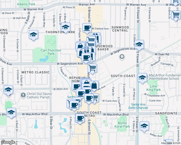 map of restaurants, bars, coffee shops, grocery stores, and more near 3047 South Bristol Street in Santa Ana