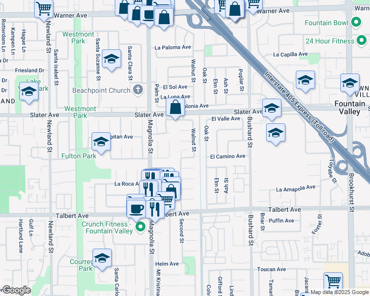 map of restaurants, bars, coffee shops, grocery stores, and more near 9156 El Azul Circle in Fountain Valley