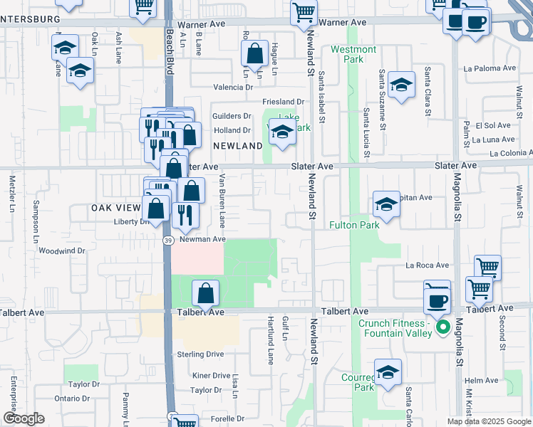map of restaurants, bars, coffee shops, grocery stores, and more near 8371 Benjamin Drive in Huntington Beach