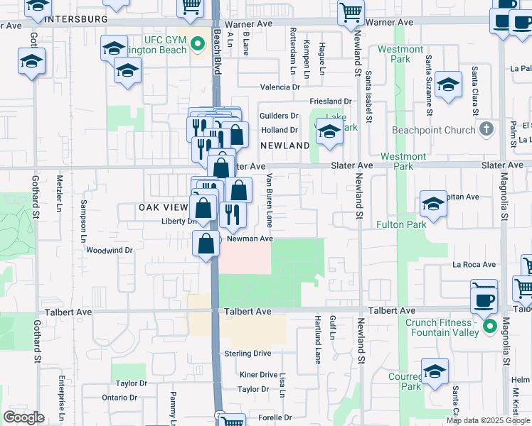 map of restaurants, bars, coffee shops, grocery stores, and more near 17604 Van Buren Lane in Huntington Beach