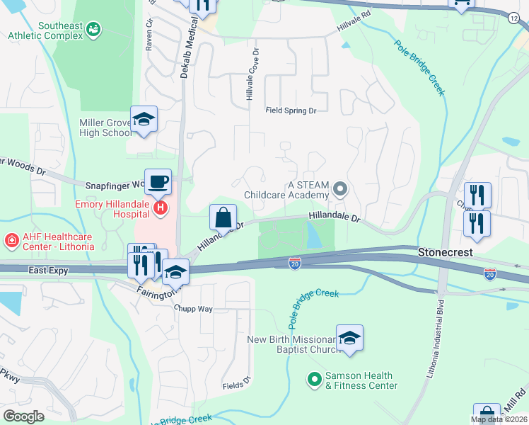 map of restaurants, bars, coffee shops, grocery stores, and more near 2709 Penwood Place in Lithonia