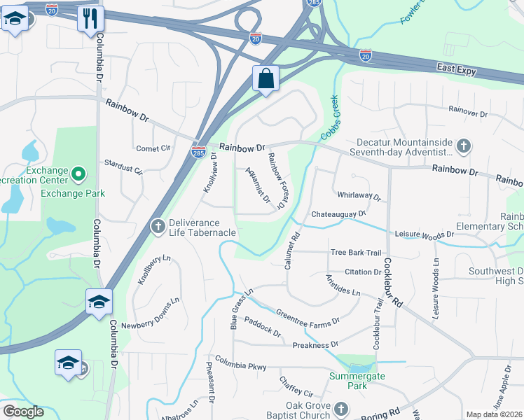 map of restaurants, bars, coffee shops, grocery stores, and more near 2731 Aquamist Drive in Decatur