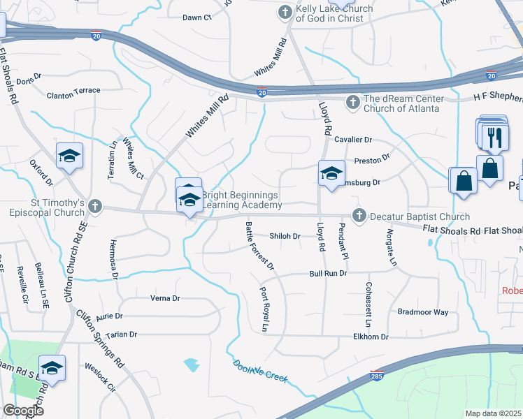 map of restaurants, bars, coffee shops, grocery stores, and more near 2463 Corner Shoals Drive in Decatur