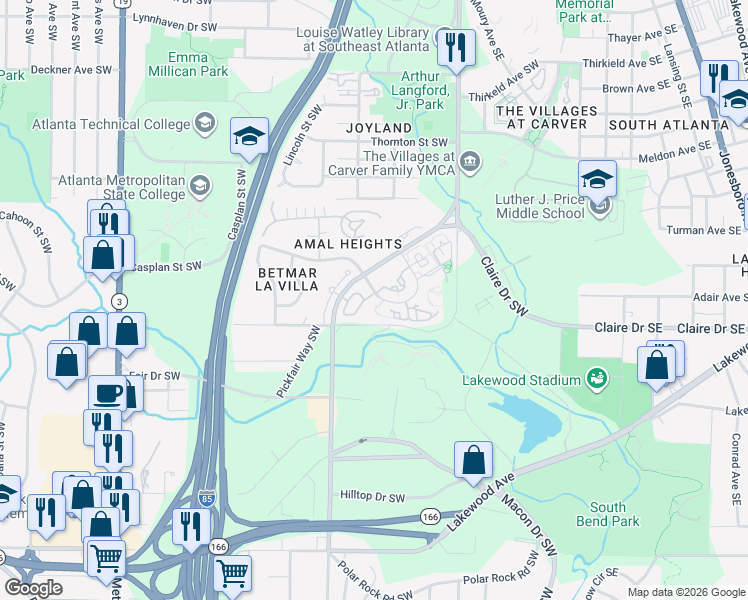 map of restaurants, bars, coffee shops, grocery stores, and more near 1752 Pryor Road Southwest in Atlanta