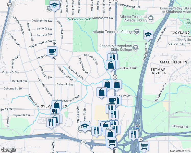 map of restaurants, bars, coffee shops, grocery stores, and more near 1783 Cahoon Street Southwest in Atlanta