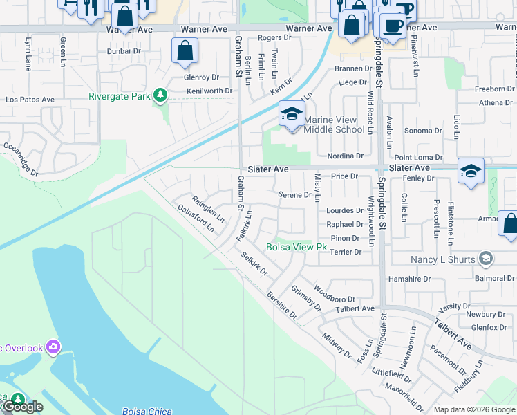 map of restaurants, bars, coffee shops, grocery stores, and more near 5521 Ridgebury Drive in Huntington Beach