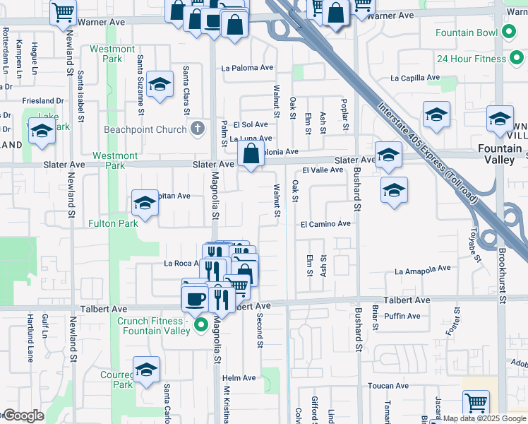 map of restaurants, bars, coffee shops, grocery stores, and more near 9156 El Azul Circle in Fountain Valley