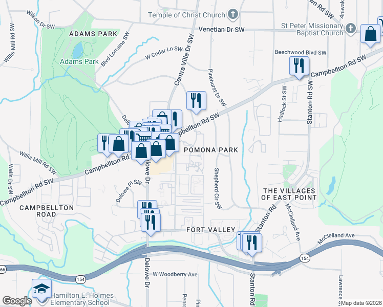 map of restaurants, bars, coffee shops, grocery stores, and more near 1811 Honeysuckle Lane Southwest in Atlanta