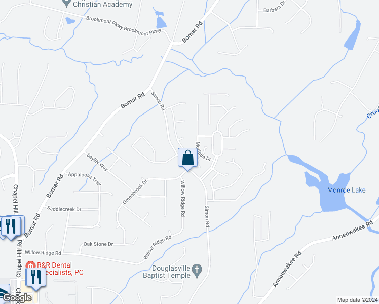 map of restaurants, bars, coffee shops, grocery stores, and more near 3702 Guinevere Trace in Douglasville