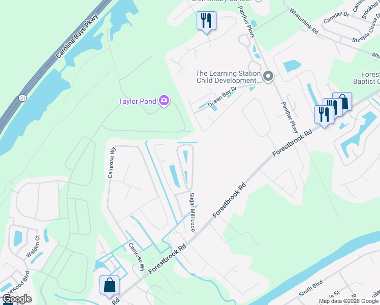map of restaurants, bars, coffee shops, grocery stores, and more near 223 Sugar Mill Loop in Myrtle Beach