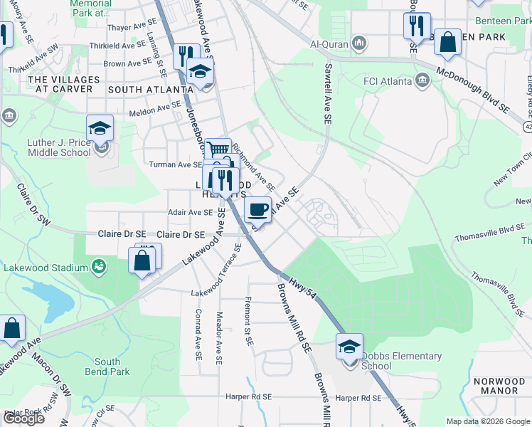 map of restaurants, bars, coffee shops, grocery stores, and more near 15 Gould Street Southeast in Atlanta