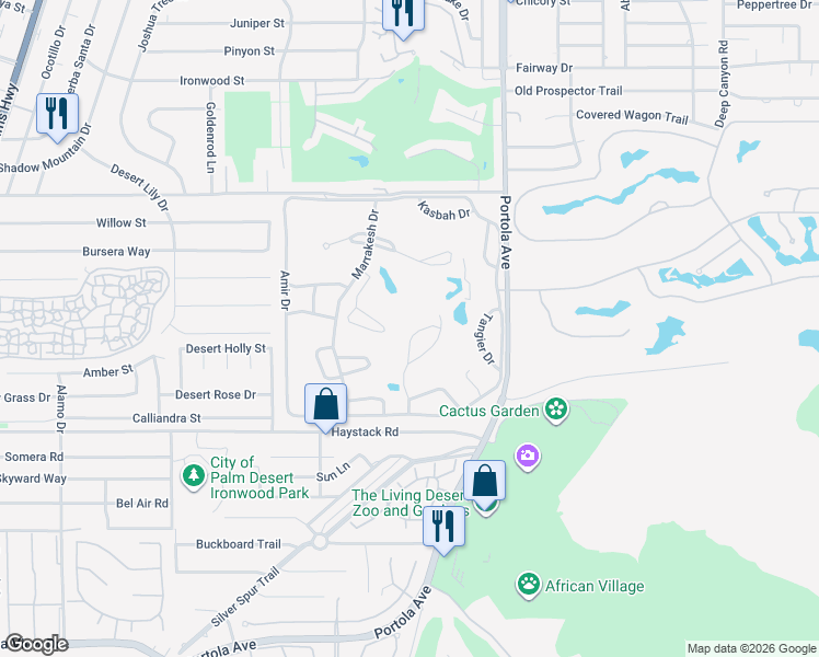 map of restaurants, bars, coffee shops, grocery stores, and more near 47425 Medina Drive West in Palm Desert