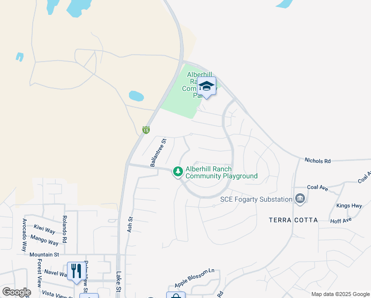 map of restaurants, bars, coffee shops, grocery stores, and more near 4118 Larkspur Street in Lake Elsinore