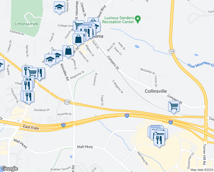 map of restaurants, bars, coffee shops, grocery stores, and more near 2696 Cagle Street in Lithonia