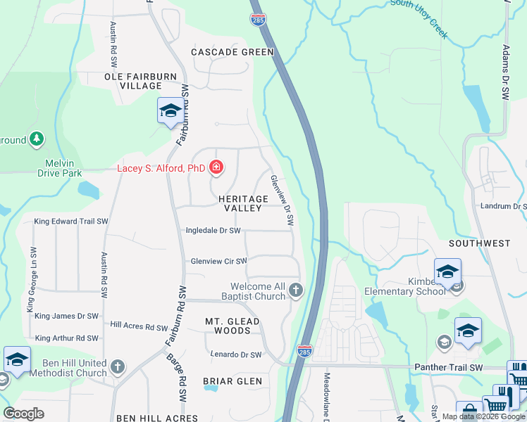 map of restaurants, bars, coffee shops, grocery stores, and more near 3433 Revere Road Southwest in Atlanta