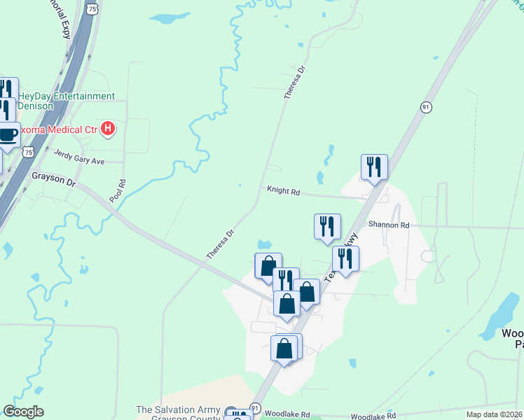 map of restaurants, bars, coffee shops, grocery stores, and more near 2410 Knight Road in Denison
