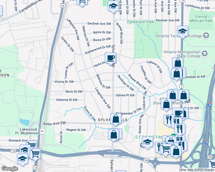map of restaurants, bars, coffee shops, grocery stores, and more near 1798 Melrose Drive Southwest in Atlanta