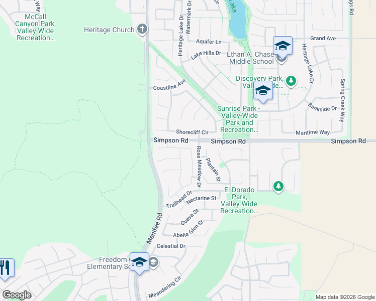 map of restaurants, bars, coffee shops, grocery stores, and more near 28539 Wedelia Street in Menifee