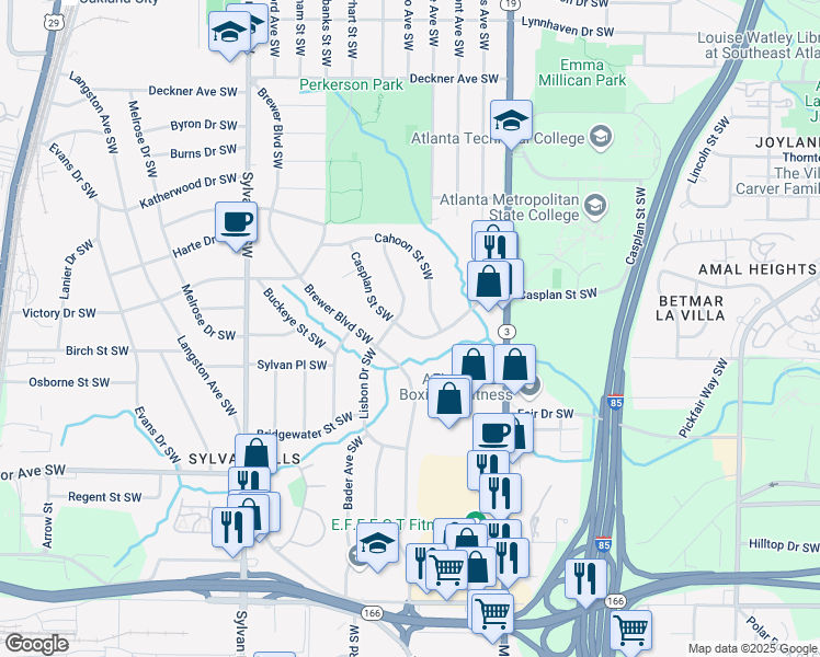map of restaurants, bars, coffee shops, grocery stores, and more near 723 Casplan Street Southwest in Atlanta