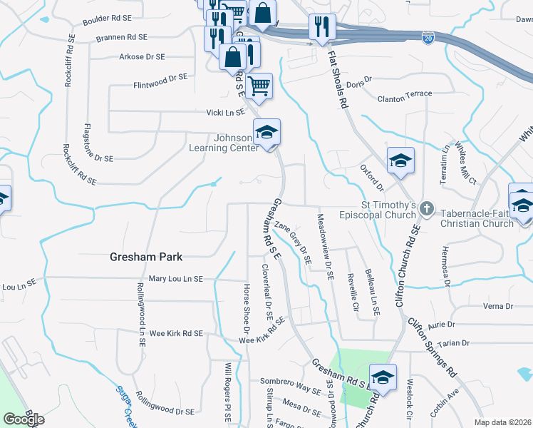 map of restaurants, bars, coffee shops, grocery stores, and more near 2047 Boulderview Drive Southeast in Atlanta